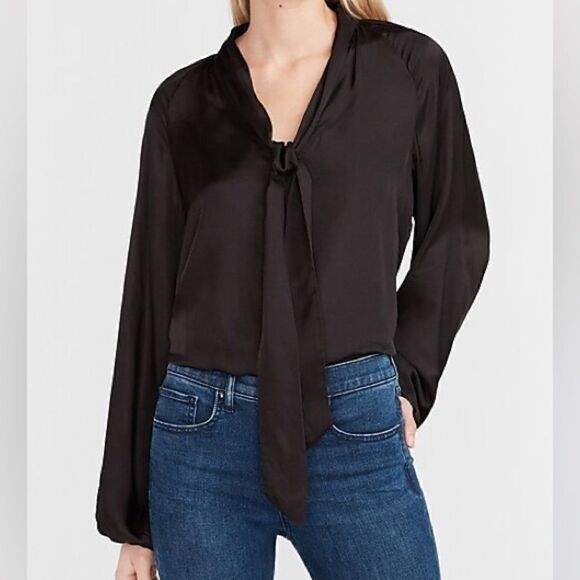 Express Satin Tie Neck Work Shirt Blouse Blouson Sleeve Top - Picture 1 of 9